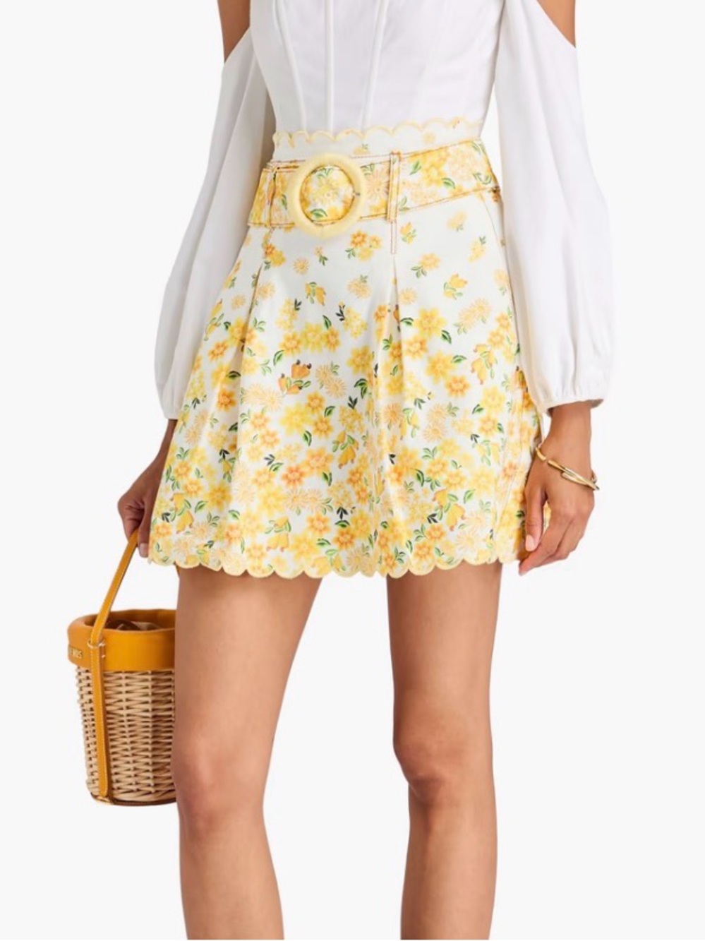 FARM Rio Floral Yellow Belted Denim Mini Skirt | M